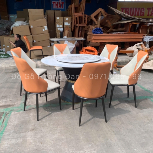 BỘ BÀN ĂN CHÂN LOA KẾT HỢP ĐÁ MÂM XOAY VÀ 6 GHẾ CAVAS