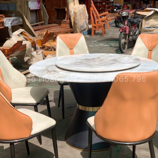 BỘ BÀN ĂN CHÂN LOA KẾT HỢP ĐÁ MÂM XOAY VÀ 6 GHẾ CAVAS
