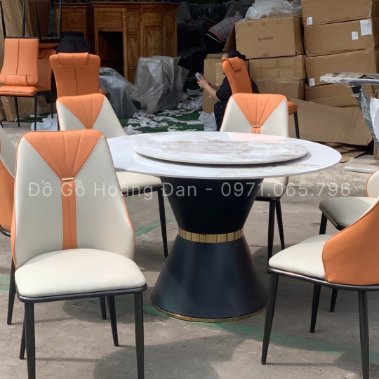 BỘ BÀN ĂN CHÂN LOA KẾT HỢP ĐÁ MÂM XOAY VÀ 6 GHẾ CAVAS