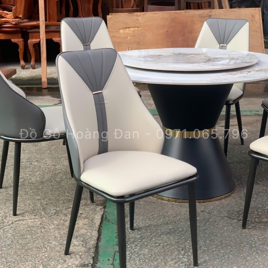 BỘ BÀN ĂN CHÂN LOA KẾT HỢP ĐÁ MÂM XOAY VÀ 6 GHẾ CAVAS