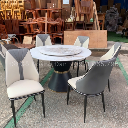 BỘ BÀN ĂN CHÂN LOA KẾT HỢP ĐÁ MÂM XOAY VÀ 6 GHẾ CAVAS