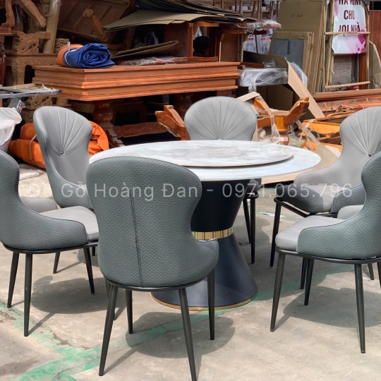 BỘ BÀN ĂN CHÂN LOA KẾT HỢP ĐÁ MÂM XOAY VÀ 6 GHẾ SÒ