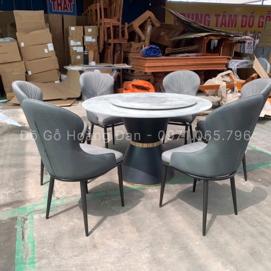 BỘ BÀN ĂN CHÂN LOA KẾT HỢP ĐÁ MÂM XOAY VÀ 6 GHẾ SÒ